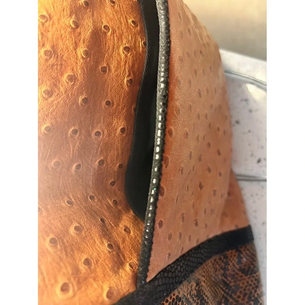 Liza‎ Ganz Vintage Brown Ostrich and Snake Skin Clutch Evening Bag Avant Garde